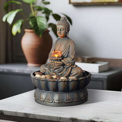 Kalona Home Décor 9.6" Tabletop Fountain Exquisite Smile Sitting Buddha Fountains Desk Water Fountain Decorative Zen Fountain w/Reflective Lighting/Cobblestone Office and Home Decor(21125A)