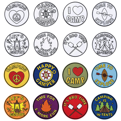 Lyrow 24 Pcs Camping Crafts Color Your Own Iron on Camp Patches Camping Coloring Iron on Embroidered Patches for Camp Party Activities DIY Clothes Hats Bags Backpack Sew Making