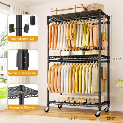 ULIFHOME P5 Rolling Clothes Rack Heavy Duty, Clothing Racks for Hanging Clothes, Metal Garment Rack with Wheels, 3-Tier Portable Closet Rack 39.4'' W × 20.5'' D × 80.5'' H, Max Load 650 Lbs, Black