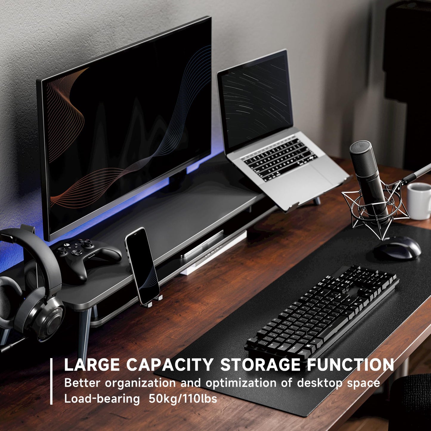 Fenge Dual Monitor Stand, Monitor Riser for 2 Monitors with Adjustable Laptop Riser , 42.5 Inch Desk Shelf for Top of Desk with Phone Holder& Headphone Stand