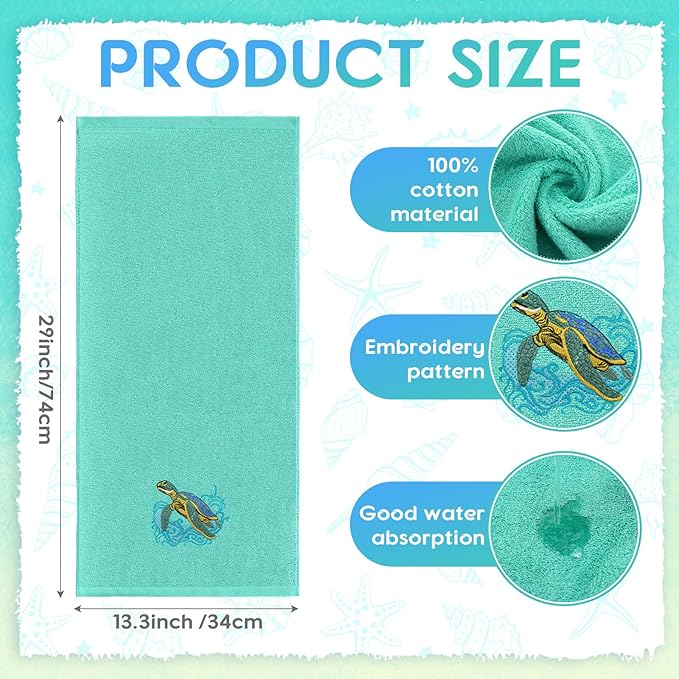 2 Pcs Sea Turtle Hand Towels Teal Bathroom Decor 14x29 Inch Embroidered 100%