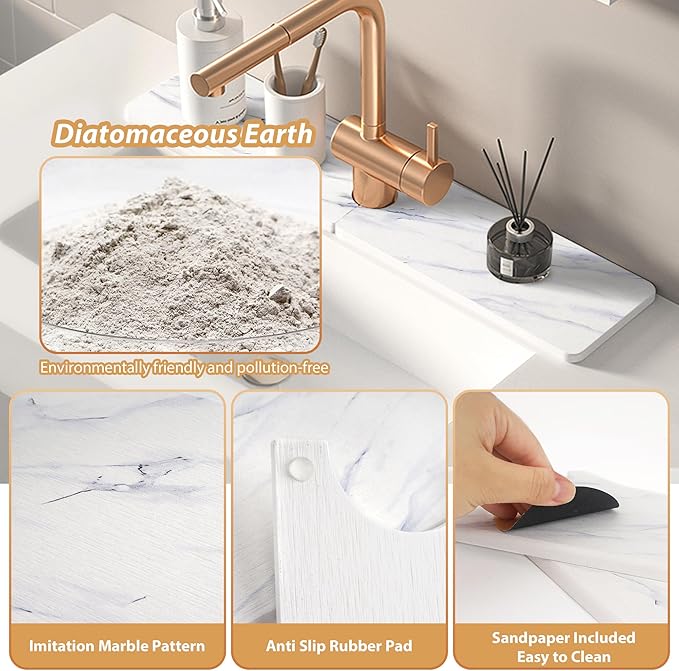 Kitchen Sink Faucet Mat, Diatomaceous Earth Quick Dry Sink Splashback Drying Mat