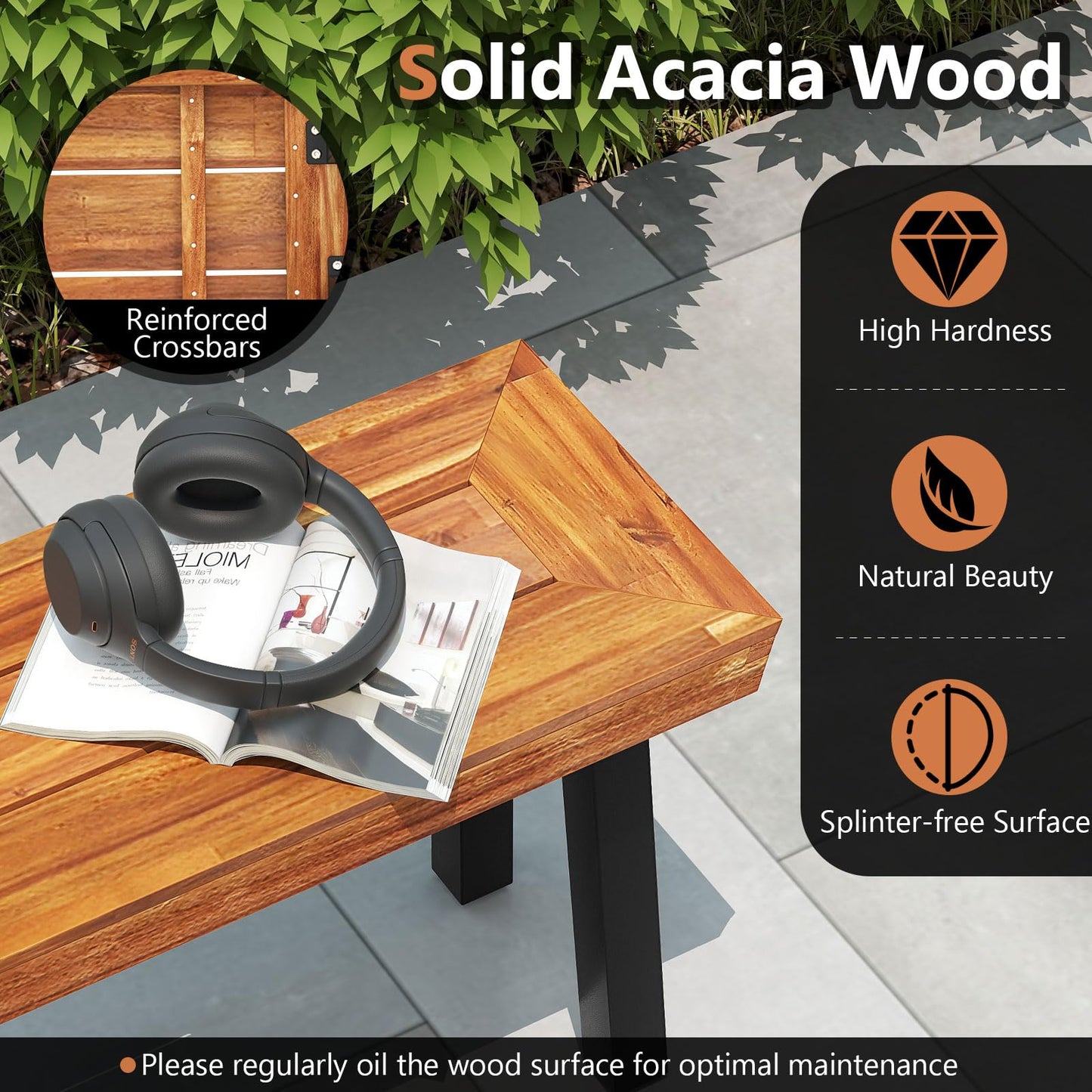 Tangkula Outdoor Acacia Wood Bench, Patio Dining Picnic Bench with Steel Legs for Porch Garden Poolside Living Room Balcony, Ideal for Indoor & Outdoor Use (1, Teak)