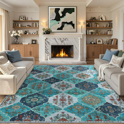 FLYRUGGO 5x7 Area Rugs, Washable Boho Rugs for Living Room, Moroccan Trellis Bohemian Ultra Soft Large Non-Slip Carpet for Dining Room Office Bedroom - Teal Blue