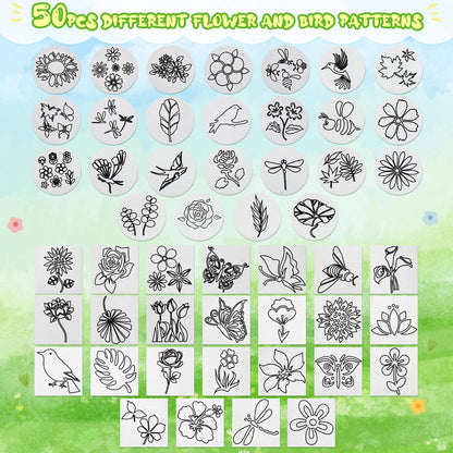 Maitys 65 Pcs Pre-Designed Magic Foam Texture Paper Painting Kit, 3 x 3'' White Foam Texture Paper with Colors Marker Water Brushes for 3D Craft Drawing DIY(Flower and Bird)