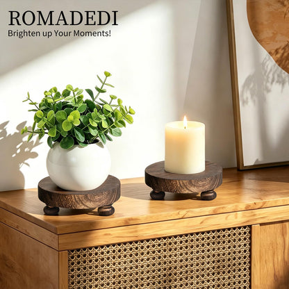 Romadedi Farmhouse Wood Riser for Display- 2 pcs Rustic Decor Mini Wooden Pedestal Decorative Round Tray for Home Table Bathroom Counter Shelf Kitchen, Brown
