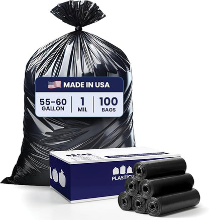 Plasticplace 55-60 Gallon Trash Bags │ 1.0 Mil │ Black Heavy Duty Garbage Can