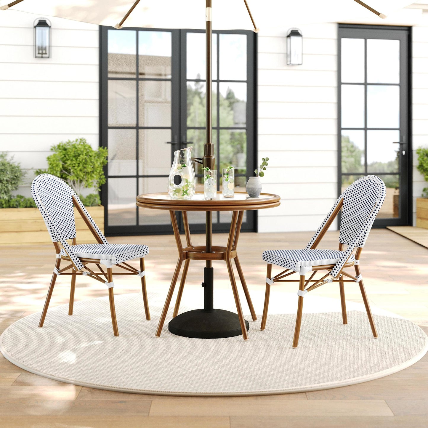 Martha Stewart Lily Pond 31” Round Indoor-Outdoor Bistro Dining Table with Aluminum Frame in Gray Woodgrain and Rattan Top in White/Gray with Tempered Glass Top