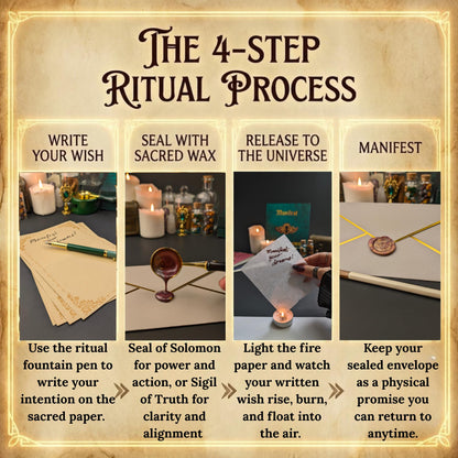 Manifestation Kit with Fire Paper & Wax Seal Stamps – Sigil Ritual Tools for Writing, Sealing & Releasing Intentions – Spiritual Self Care Gift for Manifestation – Witchy Cauldron Manifest Dreams Seal