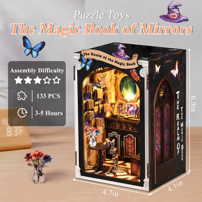Book Nook Kit Magic Book of Mirrors Wooden Dollhouse， DIY Tiny House Miniature with LED Light, Fantasy Wooden Decor Display for Adults, Tiny Homes to Live in for Bookshelf, Battery Not Included