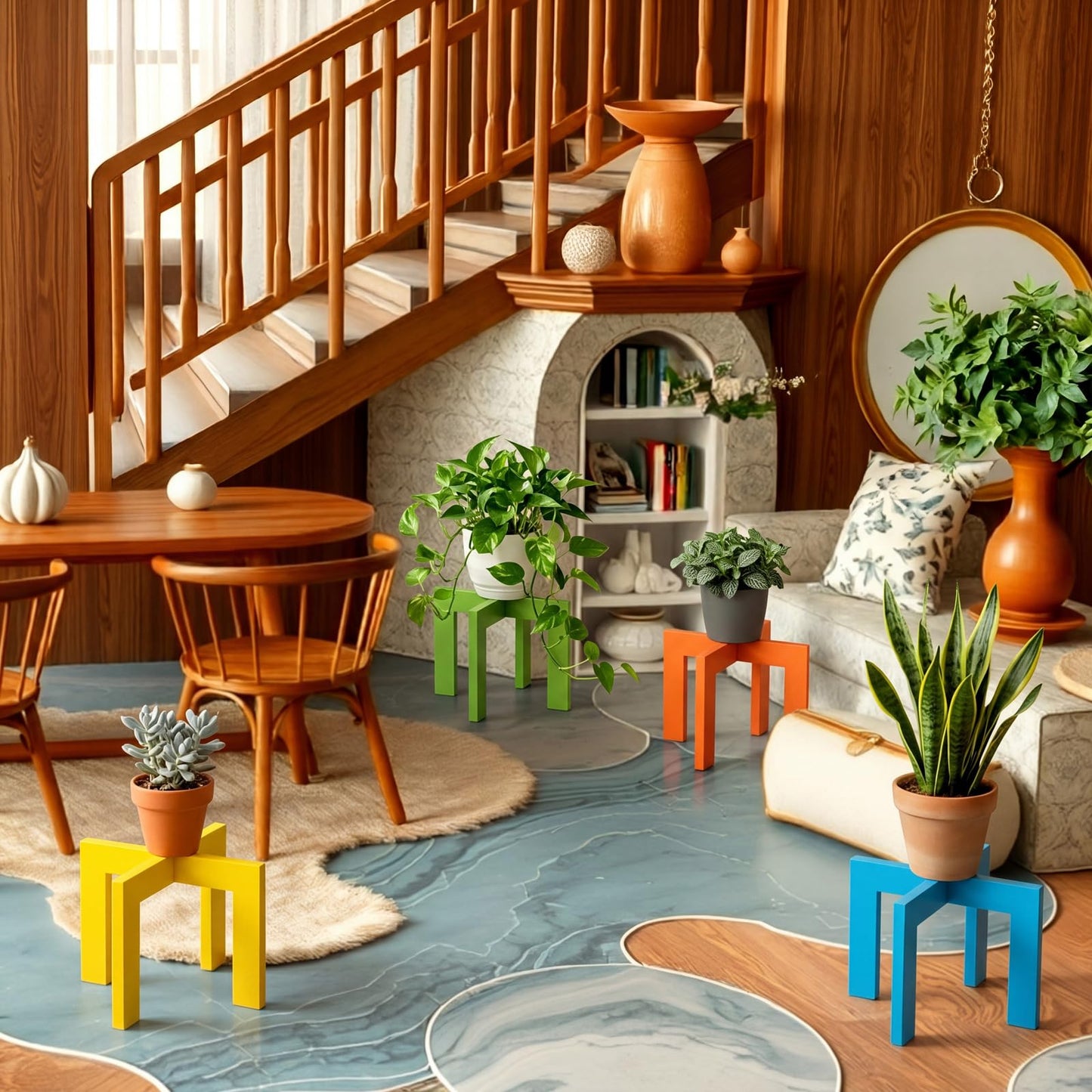 Amyhill 4 Pcs Wood Plant Stand Indoor Large Mid Century Modern Planter Stand Stable Sturdy Plant Holder Rustic Wooden Single Flower Stool Pot Holder Fit 5-15 Inch Pot for Indoor Lawn Garden Patio