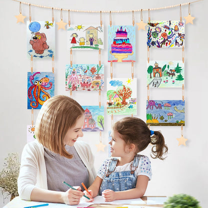 Dexspoeny Art Display for Kids Artwork on Wall with 72 Clips, 48 Twine, Boho Bedroom Living Decor Wooden Stars Beads Garland Decor for Hanging Picture