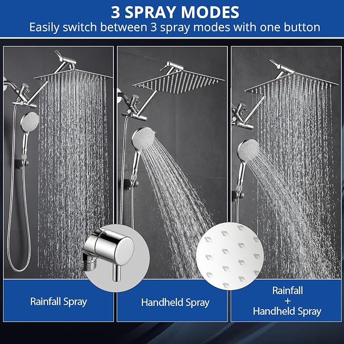 Shower Head, 10 Inch High Pressure Rainfall Shower Head/Handheld Shower Combo with 11 Inch Extension Arm, 9 Settings Adjustable Anti-leak Shower Head with Holder/Hose, Height/Angle Adjustable