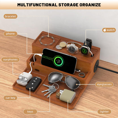 Valet Tray, Nightstand Organizer with Charging Station, Assembly-Free 3 Layer Wood Valet Tray for Men, Phone Docking Station with USB Ports for Watch, Jewelry & Accessories, Nice Gift (Stylish Brown)