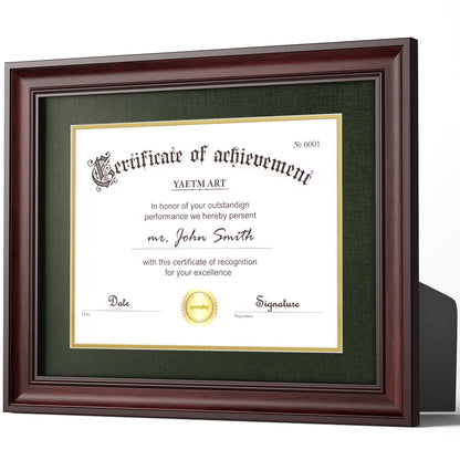 Yaetm 11x14 Diploma Frame, Certificate Frame with Tempered Glass, Display 8.5x11 Document with Dark Green Over Gold Acid-free Mat or 11 x 14 without Mat, Wide Molding (Single, Mahogany/Green)