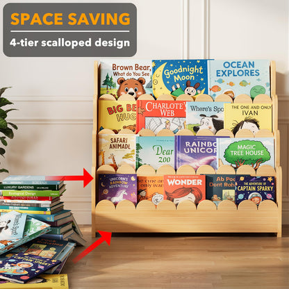 SpaceAid 4-Tier Scalloped Bookshelf, Montessori Bookcase for Toddlers, Wooden Book Shelf Organizer Display Furniture for Kids Rooms, Playroom, Nursery and Classroom, 29.6“ Wide, Natural