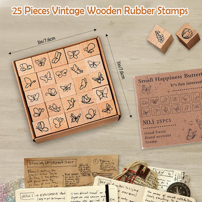 25 Pieces Wooden Rubber Stamp Set, Plant Decorative Wooden Stamp DIY Craft, Cute Butterfly & Botanical Designs for Journals, Scrapbooks, Planners, and DIY Crafts (Butterfly)