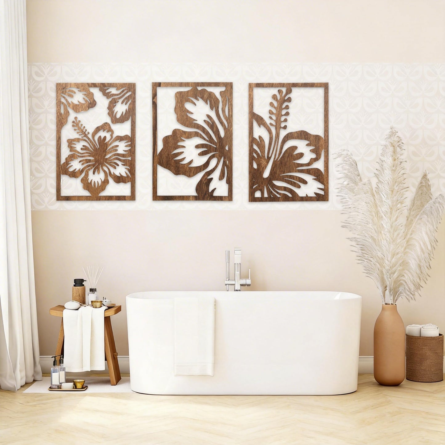 Motivilla 3 Pieces Wood Wall Art Floral Decor, 3D Layered Flowing Flower Wooden Wall Sculptures, Nature Inspired Hanging Aesthetic Decor for Living Room Bedroom Office (Dark Flower, Large)