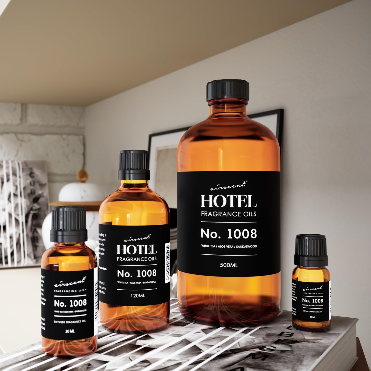 AirScent Hotel Diffuser Oil No. 1008 - White Tea, Aloe Vera & Sandalwood - Premium Fragrance Oil for Ultrasonic and Waterless Diffusers and Crafting - 500 mL, 16.9 fl oz Glass Bottle