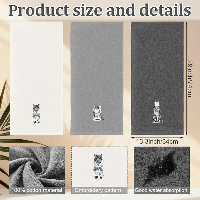 3 Pcs Cat Bathroom Hand Towels Set Cute Black Cat Embroidered Decorative Funny