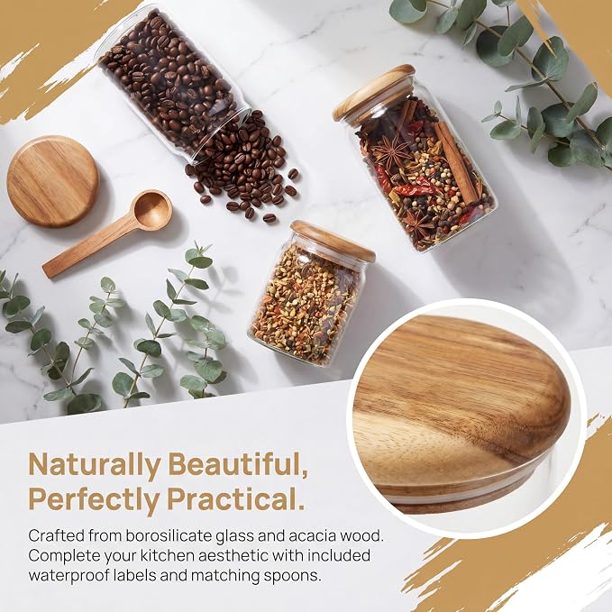 4-Pack 23 oz Glass Jars with Wooden Lids, Spice Jars | Wide mouth for scooping. Solid acacia wood lids & spoons (no plastic). Airtight seal. For coffee, oats, spices, dry goods.