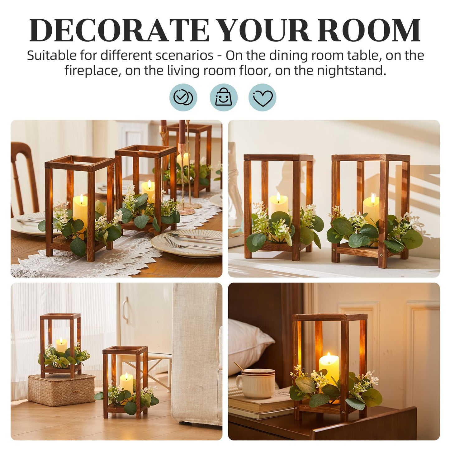 42 Pcs/14 Set Wooden Wedding Lantern Centerpiece,Wooden Centerpieces for Tables-with 14 Holders 14 Candles 14 Wreaths for Rustic Table Decoration Country Barn Wedding Party (Brown)