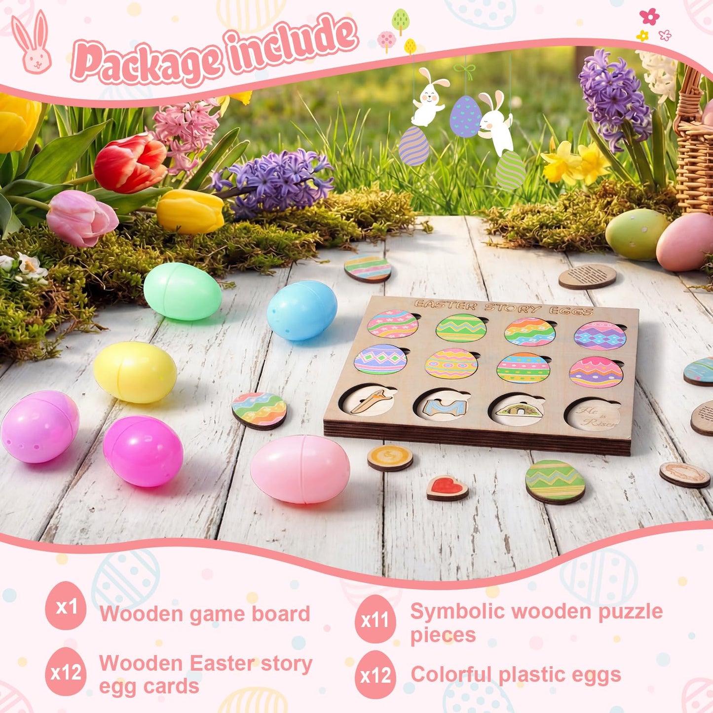 Ceenna Resurrection Easter Story Game with Wooden Board, 12 Egg Cards, 11 Symbolic Puzzle, 12 Plastic Eggs, Interactive Resurrection Learning Activity for Kids Multi-layer Faith Based Easter Gift Set