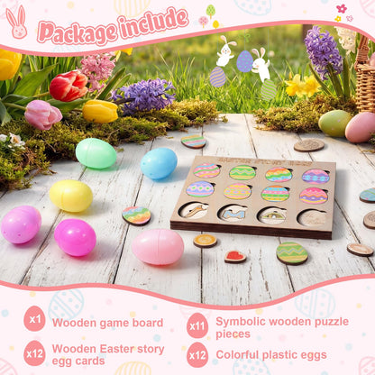 Ceenna Resurrection Easter Story Game with Wooden Board, 12 Egg Cards, 11 Symbolic Puzzle, 12 Plastic Eggs, Interactive Resurrection Learning Activity for Kids Multi-layer Faith Based Easter Gift Set