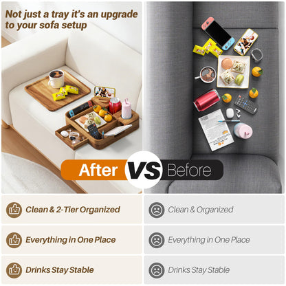 Couch Cup Holder, Couch Tray Cup Holder Sofa Tray, Acacia Wood Large Capacity 2-Tier Wooden Trays with Drawer for Sofa, Bed, Picnic, Drinks, Snacks, Remote, Cell Phone 12.5 * 12.5 in