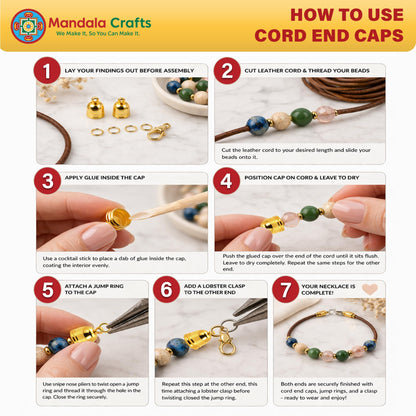 Mandala Crafts Gold Tone Leather Cord End Caps for Jewelry Making, Tassel Caps, 10mm 100 PCs Cylinder Cord Ends, Kumihimo Supplies and Jewelry Findings