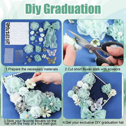 Solsew 35 Pcs DIY Graduation Cap Decorations Accessory Kit, 3D Artificial Flowers, Butterfly & Alphabet Letter Stickers, Pearl Stickers, Bowknot for Grad Hats Decor(Green)