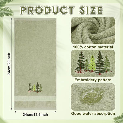 2 Pcs Forest Hand Towels Gray Green Bathroom Decor 14x29 Inch Embroidered 100%