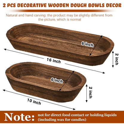 Wooden Dough Bowl Set of 2, Dough Bowls for Decor, Handmade Rustic Centerpiece for Farmhouse Table Decor, Natural Wood Display Tray for Coffee Table(10 x 6 x 2 Inch, 16 x 6 x 2 Inch,Brown)