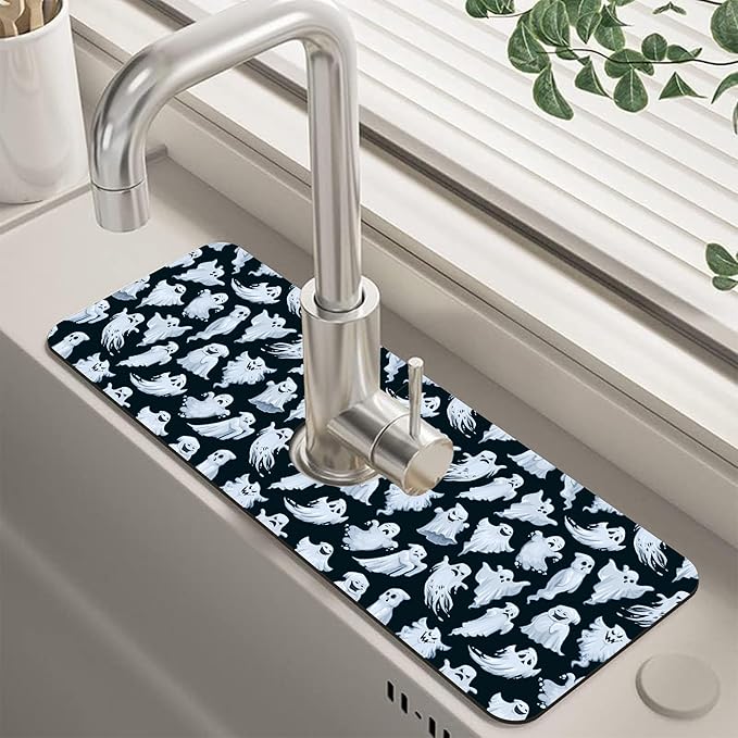 Halloween Ghost Kitchen Sink Splash Guard Mat Absorbent Fast Drying Mat Faucet