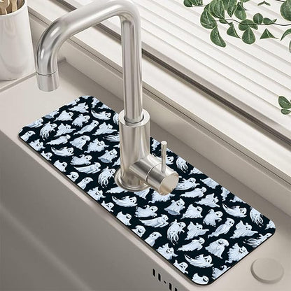 Halloween Ghost Kitchen Sink Splash Guard Mat Absorbent Fast Drying Mat Faucet