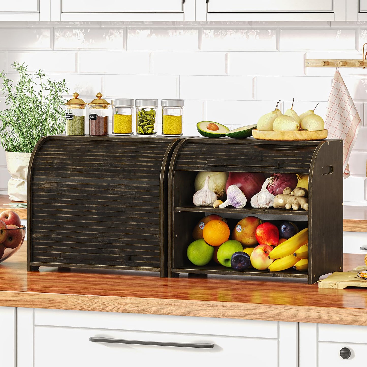 Trironsun Bamboo Roll Top Bread Box for Kitchen Countertop Large Capacity Bread Storage Bin 2 Layer Wooden Bread Storage Organizer Natural Breadbox for Food Storage (Antique Black)