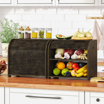 Trironsun Bamboo Roll Top Bread Box for Kitchen Countertop Large Capacity Bread Storage Bin 2 Layer Wooden Bread Storage Organizer Natural Breadbox for Food Storage (Antique Black)