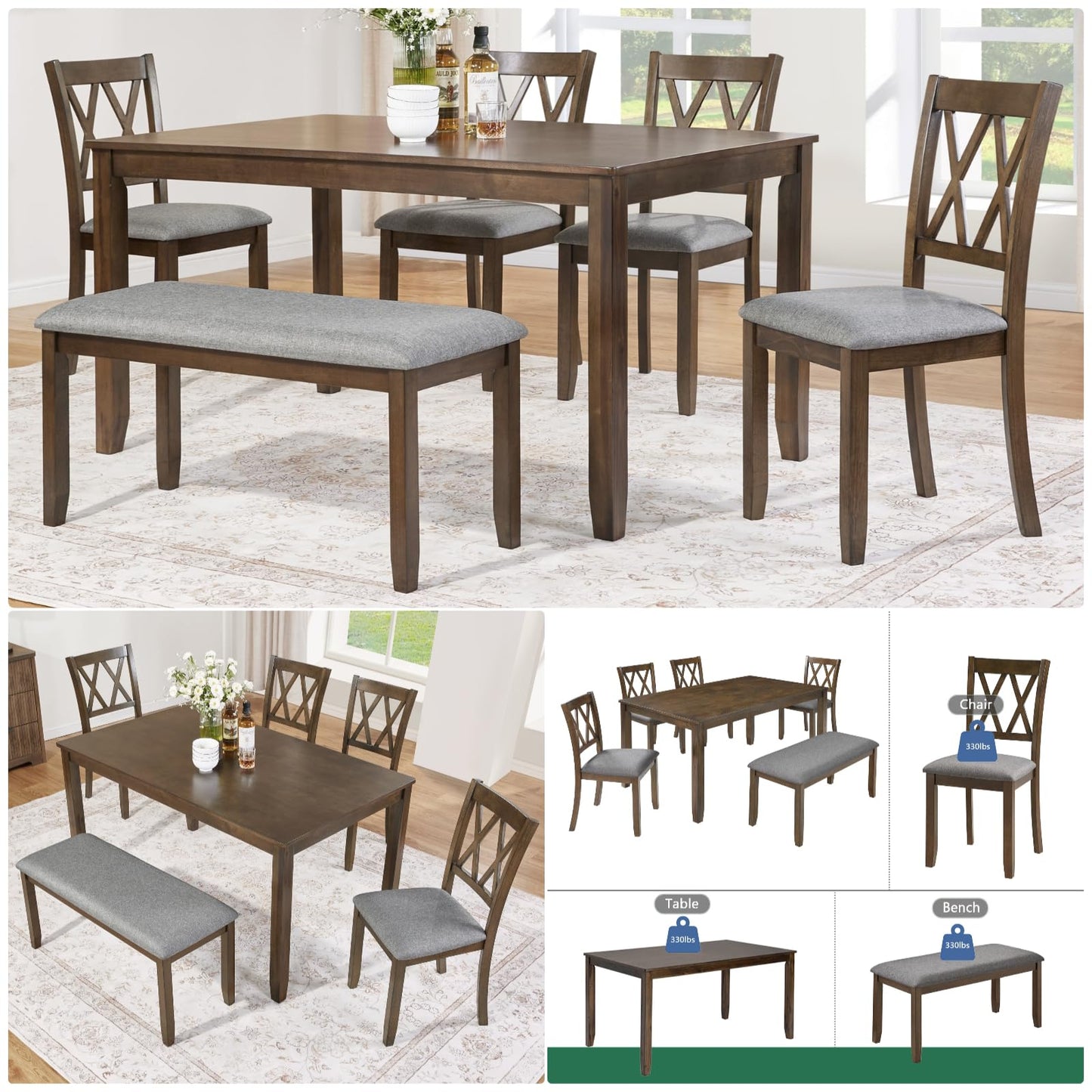 Trygoal Dining Table Set, Wooden Kitchen Table Set with Rectangular Table, 4 Vertical X Backrest Upholstered Chairs & a Bench, Table and Chairs with Non-Slip Feetmats for 6 People, Living Room, Walnut