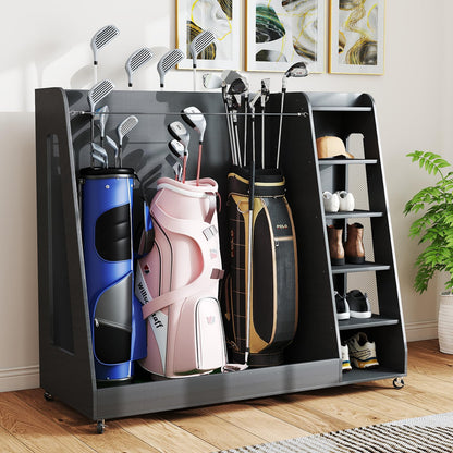 Zevemomo Wooden Golf Bag Organizer with Wheels, Golf Storage Organizer for Garage, 3 Golf Bag Storage Rack, Holds 3 Golf Bags and Golf Equipment, Suitable for Garage Home Golf Club, Gray