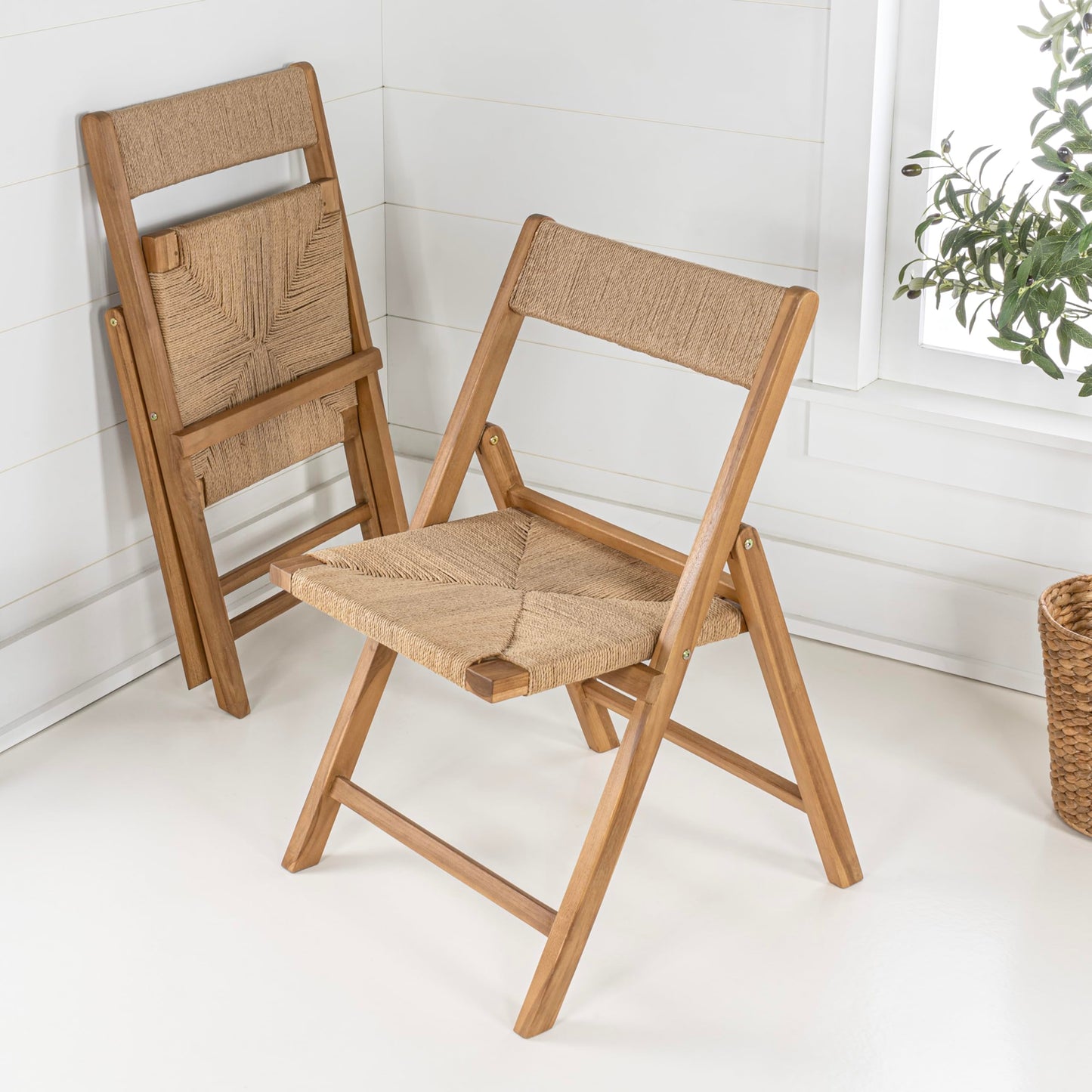 JONATHAN Y Kiawah Woven Seagrass and Natural Teak Wood Folding Chair Set of 2 for Dining Room, Coastal Armless Space-Saving Portable Seat with Natural Finish, No Assembly Required FLD1002A-SET2