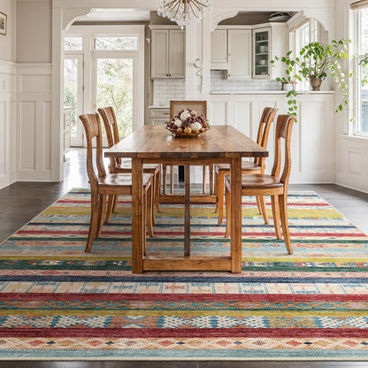 Puino 8x10 Washable Area Rug: Moroccan Large Neutral Boho Area Rug for Living Room & Bedroom Geometric Non-Slip Farmhouse Carpet for Living Room Colorful Stripe 8'x10'.