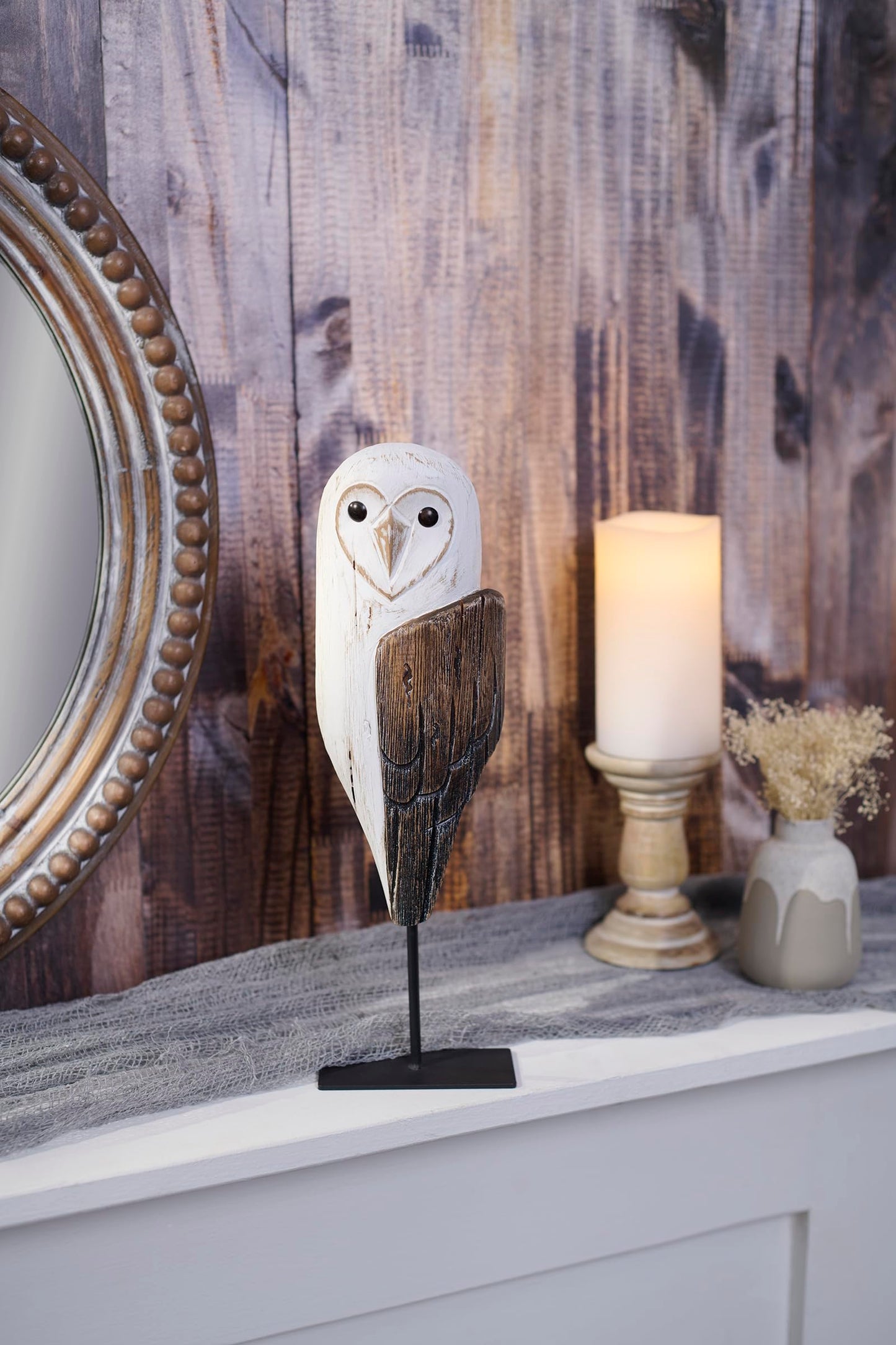 Primitives by Kathy Sitter - Barn Owl, from Our Haunted White Collection displaying a Wood Sculpture Inspired Design Made of Natural Wood with Painted Accents and Distressed Details