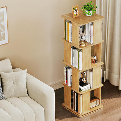 Natural Wooden 4-Tier 360° Rotating Bookshelf Tower, Stable Square Spinning Revolving Corner Bookcase, Floor Standing Narrow Storage Organizer for Kids & Adults, Space Saving Book Rack for Bedroom