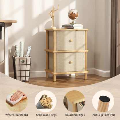 Apicizon Nightstand with 2 Storage Drawers, Boho Side Table with Solid Wood Legs, End Table for Small Spaces, Bedroom, Living Room, Entryway, Natural
