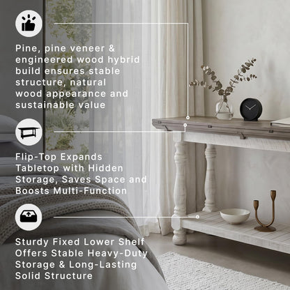 Signature Design by Ashley Havalance Farmhouse Sofa Table, Flip Top Design for Additional Dining Space and Fixed Lower Shelf, Gray & White with Weathered Finish
