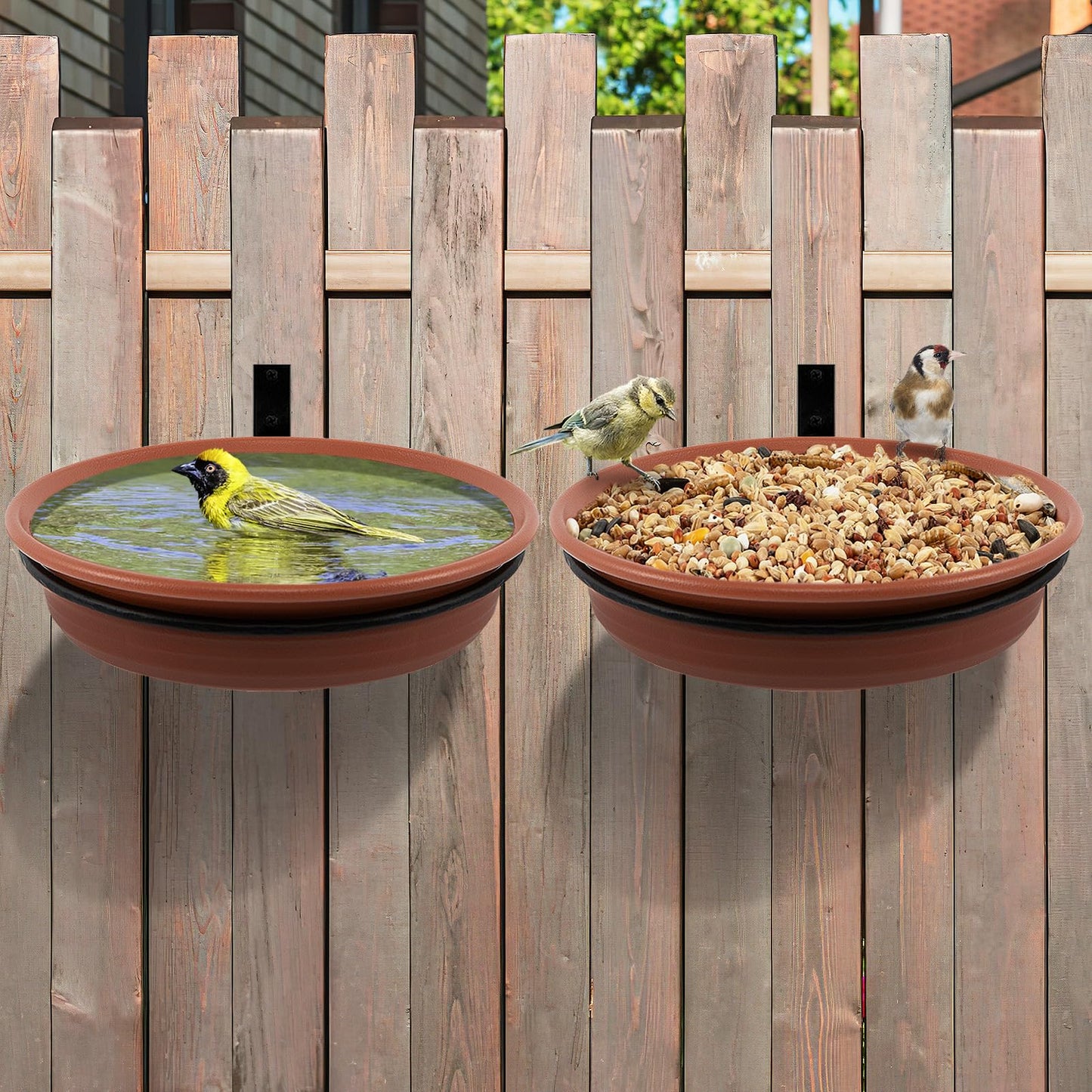 Fence Bird Feeders Tray - 2pcs Tree Mounted Wild Bird Bath for Outdoors Place Food Water, Installed on Wooden Deck Fence with Heavy Duty Iron Ring, 8.3'' Dia. (Brown)
