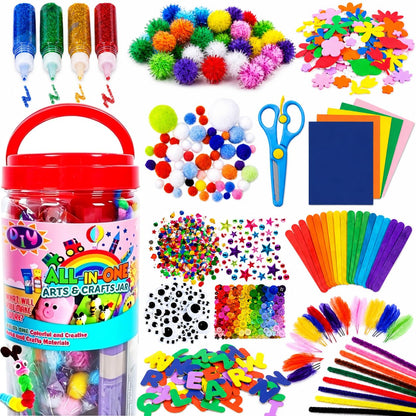 FUNZBO Arts and Crafts Supplies for Kids - Toddlers Craft Kit with Glitter Glue Stick, Pipe Cleaners, Pom Poms, Popsicle Sticks Tools, DIY School Supplies Kit, Birathday Gifts for Girls Boys Age 4+
