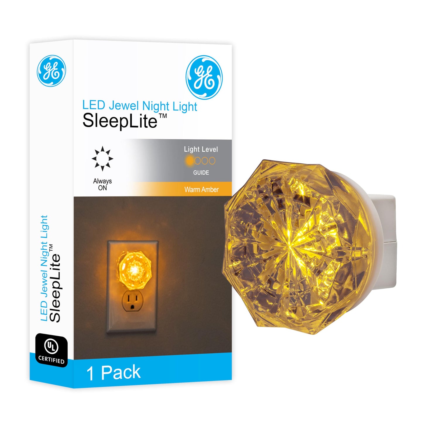 GE SleepLite Jewel LED Night Light, Plug-in, Always on, Amber, UL-Certified, Energy Efficient, Ideal Nightlight for Bedroom, Bathroom, Nursery, Hallway, Kitchen, 11286, 2 Pack