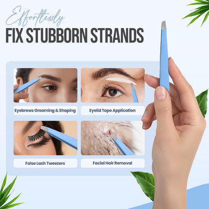 Professional Slant Tip Tweezers - Precision Stainless Steel Eyebrow Plucking Tool for Women and Men, Ingrown Hair Remover, Facial Hair Tweezers for Grooming (Baby Blue)