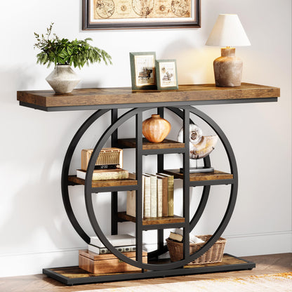 Celaform 41" Console Table for Entryway, 4-Tier Industrial Narrow Wood Sofa Accent Tables with Circle Storage Shelves for Living Room, Hallway, Foyer (Rustic Brown)
